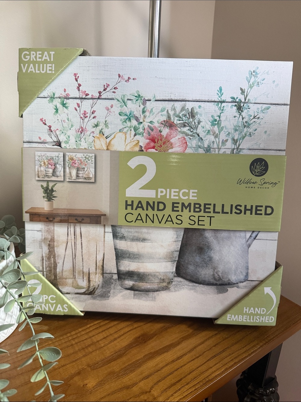 Willow Spring 2-Piece Hand Embellished Floral Canvas Set - 12x12